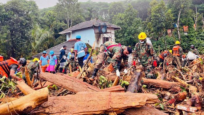 Air Force and the National Disaster Response Force conduct rescue and relief operations in landslide-affected Attamala, Mundakai and Churalmala areas, in Wayanad on Thursday. | ANI