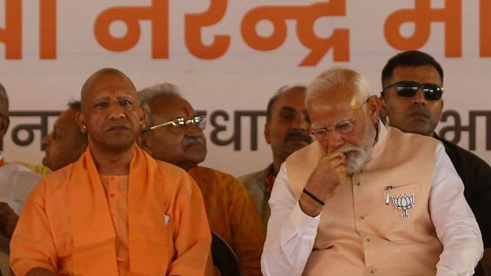Prime Minister Narendra Modi with UP Chief Minister Yogi Adityanath during an election campaign rally ahead of Lok Sabha polls, in Meerut