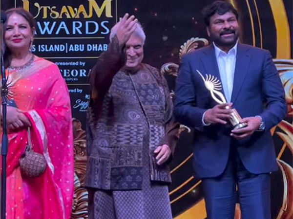 Chiranjeevi receives Outstanding Achievement in Indian Cinema Award from Javed Akhtar at IIFA Utsavam 2024