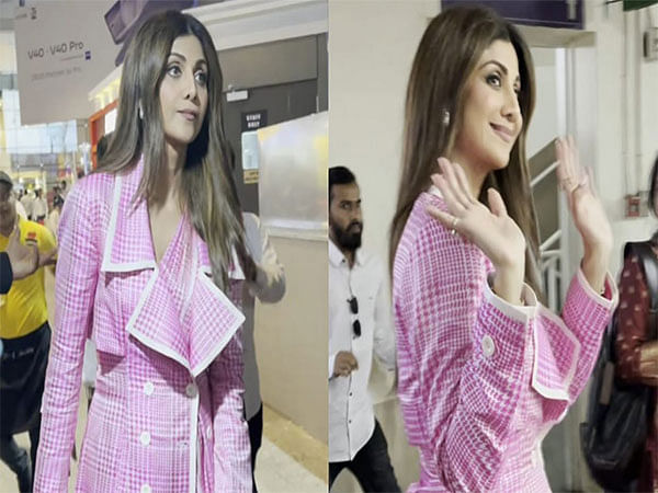 Shilpa Shetty spotted at Mumbai airport in stunning checkered pink-and-white saree