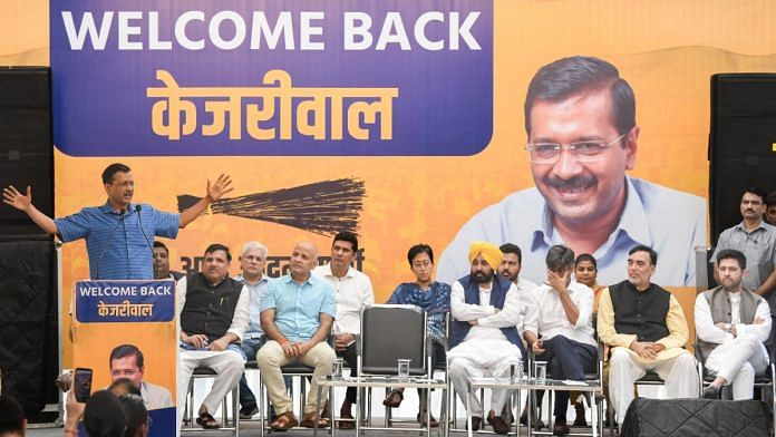 Arvind Kejriwal addressing AAP workers at party office in New Delhi, Sunday | ANI