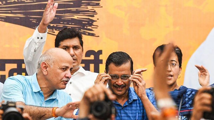 Arvind Kejriwal with Manish Sisodia, Delhi ministers Atishi and Saurabh Bharadwaj at AAP office in New Delhi, Sunday | ANI