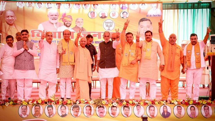 Bittu Bajrangi sharing stage with UP CM Yogi Adityanath, Union minister Krishan Pal Gurjar and BJP candidates, Saturday | Facebook @Satish Kumar Phagna