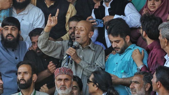 Baramulla MP Engineer Rashid addresses rally after return from Tihar Jail at Deliana Ground, Baramulla, Jammu and Kashmir on Thursday | Praveen Jain | ThePrint Photo