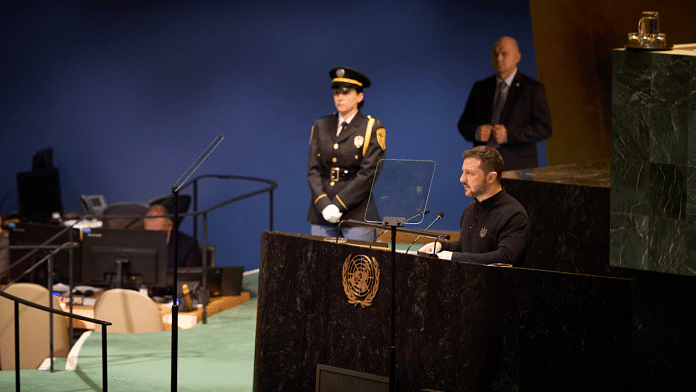 Ukrainian President Volodymyr Zelenskky addresses the UNGA | X/@ZelenskyyUa