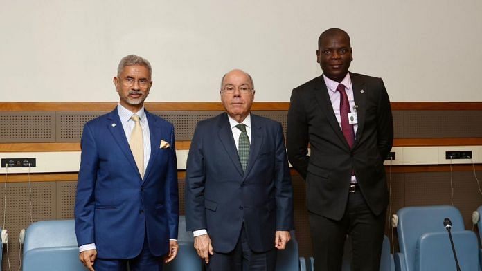 (L-R) Indian foreign minister S. Jaishankar, Brazil minister Mauro Vieira and South Africa minister Ronald Lamola in New York Thursday | X: @DrSJaishankar