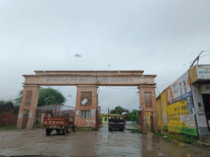 खैरथल की अनाज मंडी का प्रवेश द्वार कलेक्ट्रेट से जुड़ा है, हालांकि इसे देखकर यह बताना मुश्किल है | फोटो: कृष्ण मुरारी/दिप्रिंट