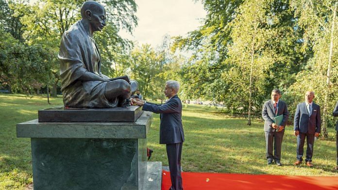 External Affairs Minister S. Jaishankar pays tribute to a statue of Mahatma Gandhi, in Geneva, Switzerland on Thursday | PTI Photo