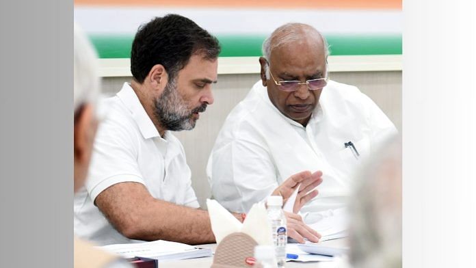 Leader of Opposition in Lok Sabha Rahul Gandhi and Congress President Mallikarjun Kharge during the Congress CEC meeting for Haryana Assembly elections, at AICC HQ in New Delhi on Monday | ANI Photo/Ritik Jain