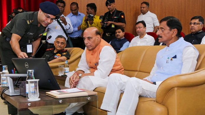 Defence Minister Rajnath Singh during 2nd day of the Joint Commanders Conference 2024, in Lucknow. Singh addressed the apex-level military leadership at the Conference | PTI Photo