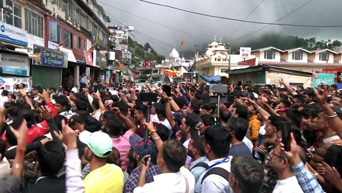 BJP workers, local residents hold protest against alleged illegal construction of mosque in Shimla's Sanjauli, Thursday | ANI