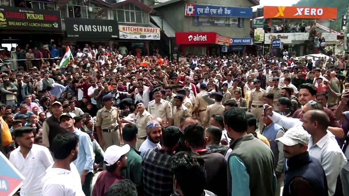 Police deployed during protest against alleged illegal construction of mosque in Shimla's Sanjauli, Thursday | ANI