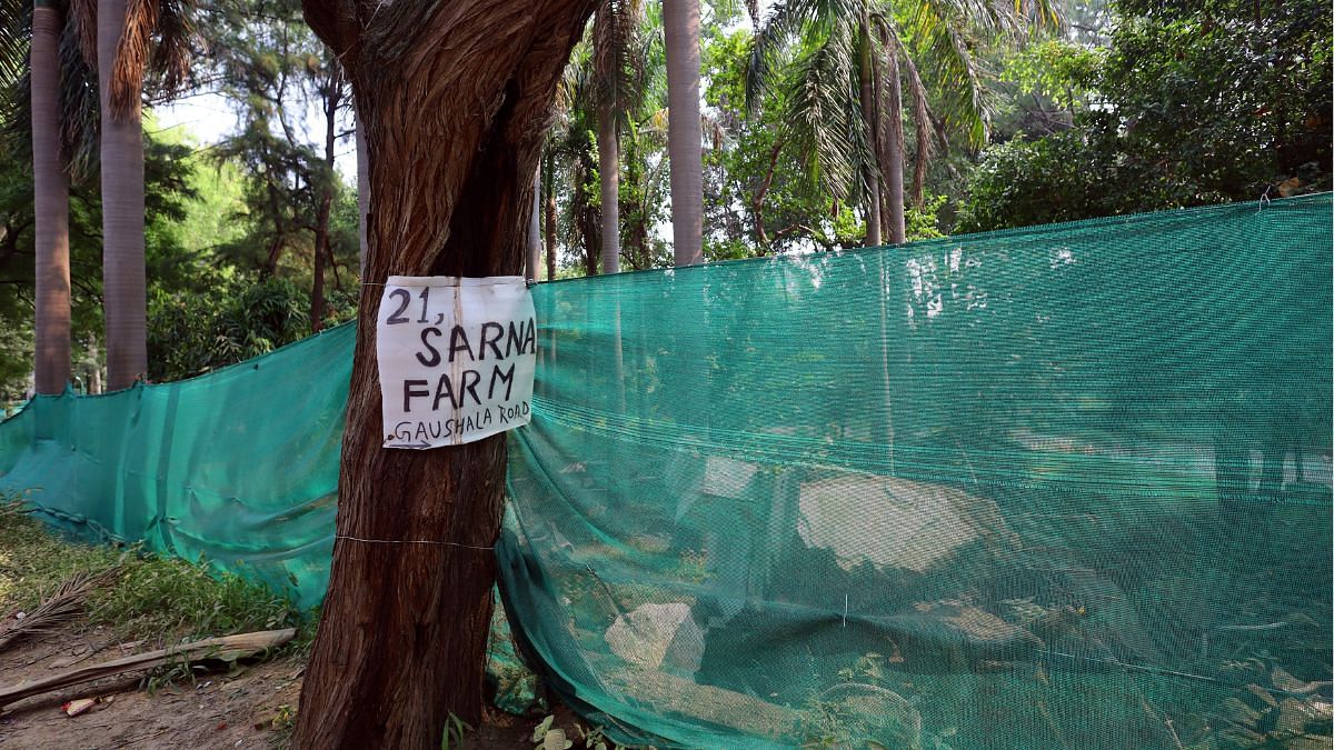 At 21 Sarna Farms, a green net used at construction sites has replaced the boundary wall | Manisha Mondal | ThePrint