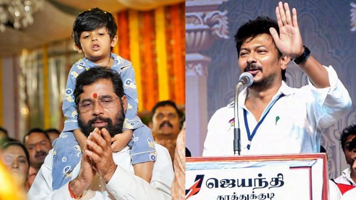 Maharashtra CM Eknath Shinde with his grandson during Ganpati celebrations (photo: X, @mieknathshinde) & file photo of Udhayanidhi Stalin (photo: ANI)