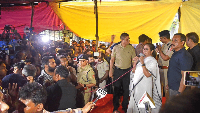 West Bengal Chief Minister Mamata Banerjee addresses protesting junior doctors at Swasthya Bhawan in Kolkata, on Saturday | By Special Arrangement