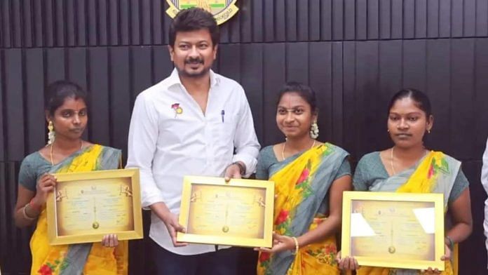 Udhayanidhi Stalin awarding certificates to three Dalit women for the successful completion of a one-year junior priesthood course | Tamil Nadu Department of Information and Public Relations