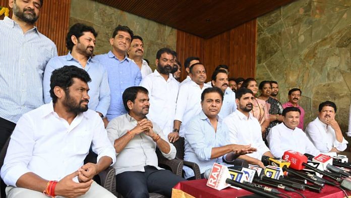 BRS working president KT Rama Rao (sitting, third from left) speaks to the media at Padi Kaushik Reddy's house in Hyderabad on Saturday | By Special Arrangement