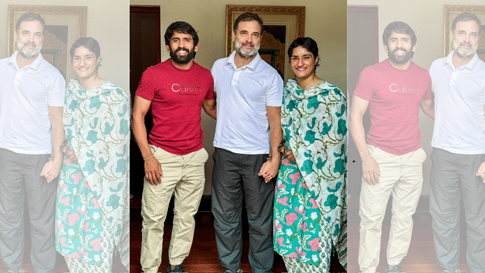 Wrestlers Vinesh Phogat and Bajrang Punia met Leader of Opposition in Lok Sabha Rahul Gandhi, in New Delhi | Photo: ANI