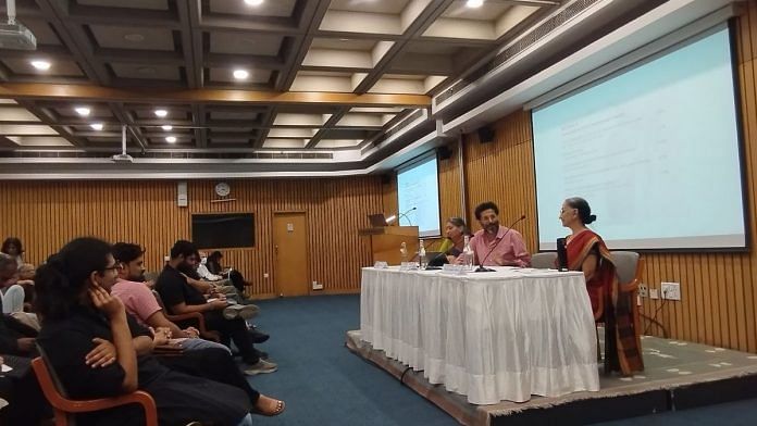 Professor Naman P. Ahuja in discussion with Professor Anita Elizabeth Cherian and Professor Urmimala Sarkar Munsi at an event celebrating 75 years of Marg |Photo: Heena Fatima | ThePrint