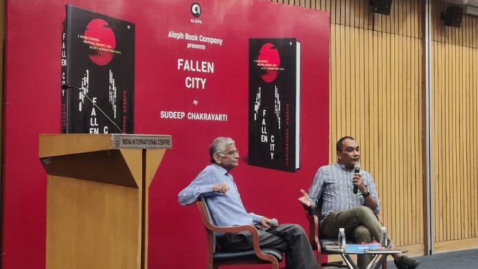 Sunil Sethi and Sudeep Chakravarti (right) at the launch of Chakravarti’s book Fallen City: A Double Murder, Political Insanity, and Delhi's Descent from Grace. | Sakshi Mehra | ThePrint