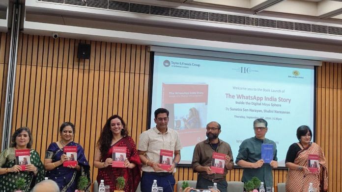 Sunetra Sen Narayan and Shalini Narayanan, Surbhi Pandit Nangia, Vishal Chhabra, Vibodh Parthasarathi, and Santosh Desai at the book launch of The WhatsApp India Story: Inside the Digital Maya Sphere, at India International Centre, New Delhi | Sakshi Mehra | ThePrint