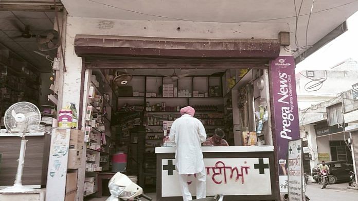 A medical shop in Mansa. The district is has multiple self-appointed drug-monitoring Nasha Roko Committees and vigilantes. | Shubhangi Misra | ThePrint