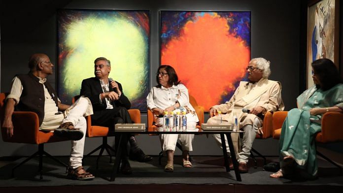 ThePrint Editor-in-Chief Shekhar Gupta, Sunil Kant Munjal, founder of Serendipity Arts Festival, Kiran Nadar, chairman of Kiran Nadar Museum of Art, Rajeev Sethi, chairperson of Asian Heritage Foundation, and Tasneem Z Mehta, Director of Dr Bhau Daki Lal Museum in a discussion on art and patronage in Delhi on Tuesday | Photo: by special arrangment