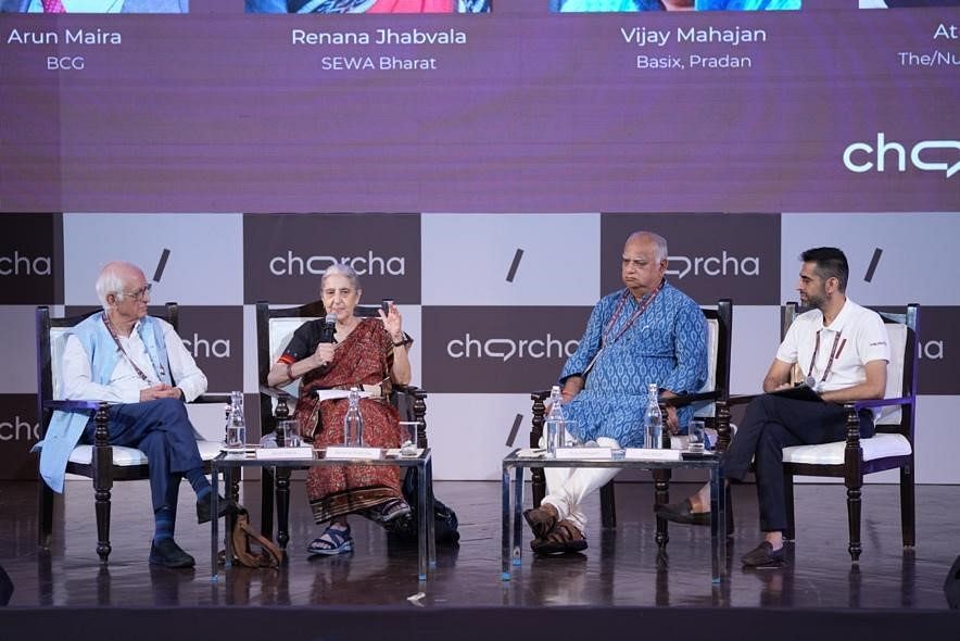 Plenary on ‘Viksit Gaon, Viksit Bharat’ (L to R: Arun Maira, Renana Jhabvala, Vijay Mahajan, Atul Satija) | charcha 2024