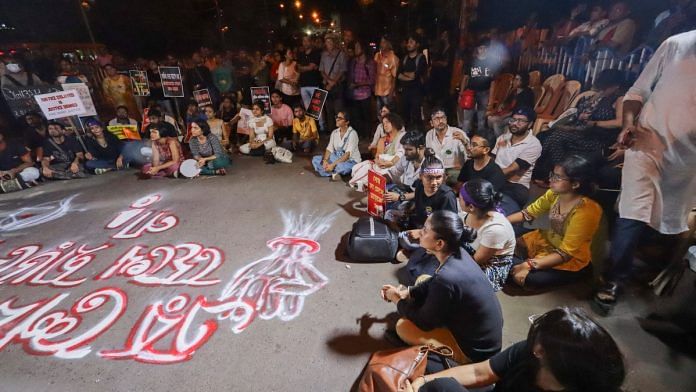 Actor Swastika Mukherjee with activists during an overnight sit-in dharna after a protest rally demanding justice for a trainee doctor who was raped-murdered at RG Kar Medical College and Hospital, at Kolkata, Sunday, Sep. 1, 2024 | PTI