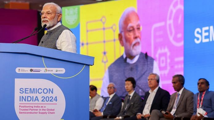 Prime Minister Narendra Modi addresses a gathering during the inauguration of SEMICON India 2024, in Greater Noida, Uttar Pradesh, Wednesday, Sept 11, 2024 | PTI