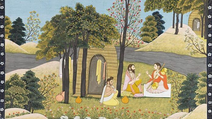 Narada at Valmiki's hermitage requesting him to write the story of Rama