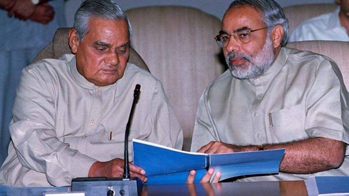 Atal Bihari Vajpayee and Narendra Modi on 27 March 2002