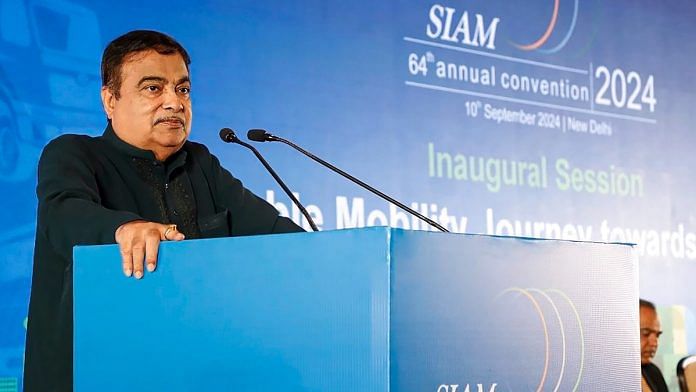 Union Minister Nitin Gadkari addresses a gathering on the Sustainable Mobility Journey Towards Viksit Bharat at the Inaugural Session of the 64th SIAM Annual Convention 2024, in New Delhi | PTI