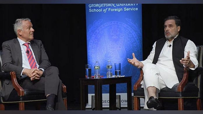 Leader of Opposition in Lok Sabha, Rahul Gandhi speaking at Georgetown University (Photo: Congress party YouTube)