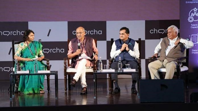 Plenary on the Roadmap to a ‘Viksit & Inclusive’ India@100 (L to R: Arti Ahuja, Shekhar Gupta, Amitabh Kant, Dr R S Sharma) | charcha 2024