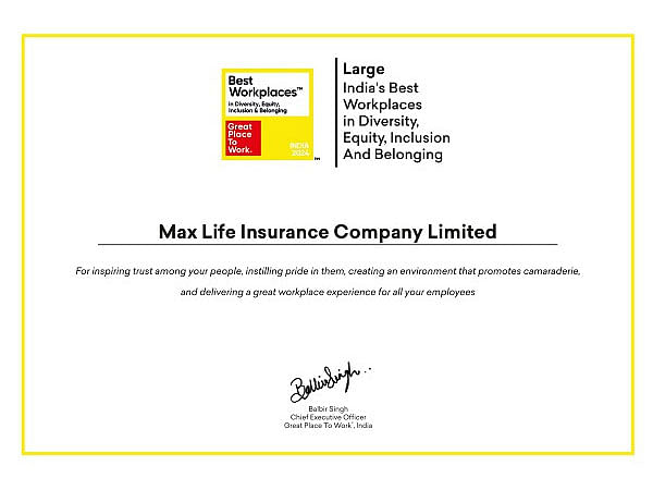 Max Life Recognized Among India's Best Workplaces for DEIB, Women and Millennials by GPTW®