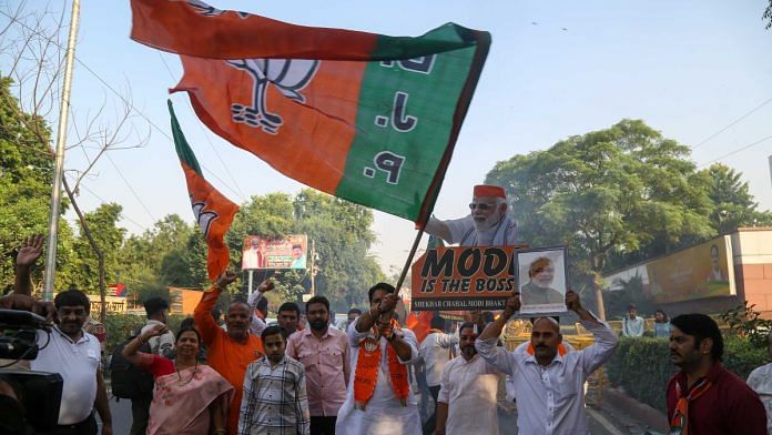 Celebrations outside BJP headquarters in Delhi Tuesday | Suraj Singh Bisht | ThePrint