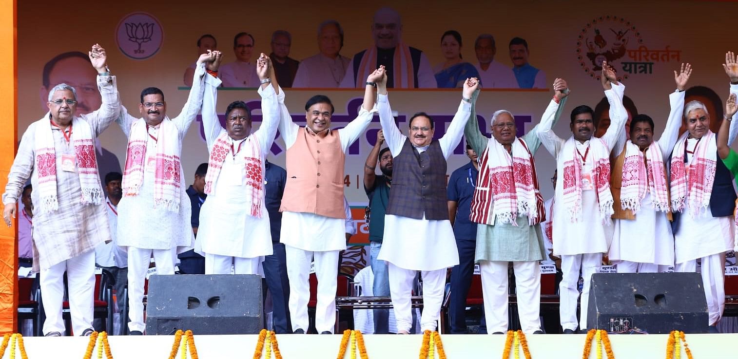 Union Minister JP Nadda and Assam Chief Minister Himanta Biswa Sarma with Jharkhand BJP leaders in Khunti on 23 September | Niraj Sinha | ThePrint