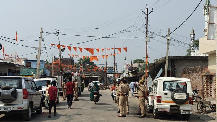 Police officials at spot in Bahraich where procession was halted on 13 Oct | Mayank Kumar | ThePrint