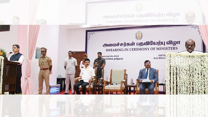 Tamil Nadu Governor RN Ravi administers oath of office to newly appointed state cabinet minister Kovi Chezhiyan, during a swearing-in ceremony, in Chennai, Sunday. | ANI