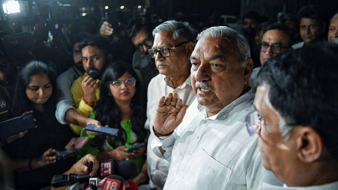 Former Haryana CM and party leader Bhupinder Singh Hooda addresses the media after a meeting of the Congress delegation with the Election Commission over concerns about the Haryana election result, in New Delhi Wednesday | Photo: ANI