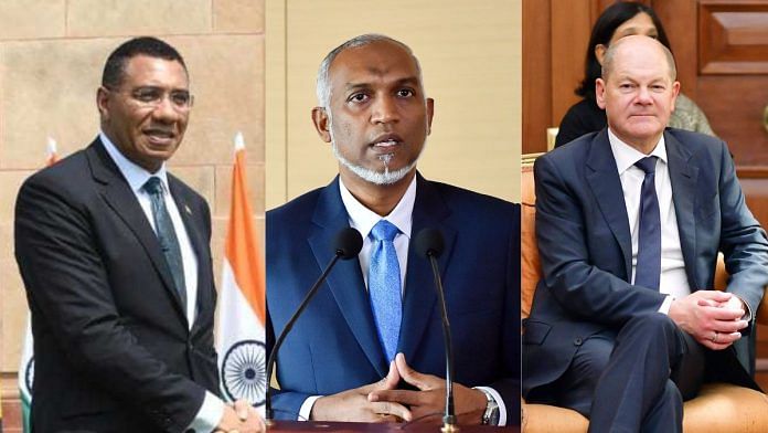 (L-R) Jamaican PM Andrew Holness in India, file photos of Maldivian President Mohamed Muizzu & German Chancellor Olaf Scholz | ThePrint, ANI