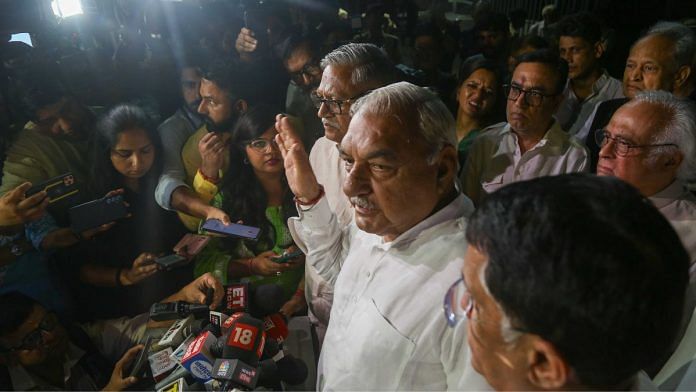 Former Haryana CM Bhupinder Singh Hooda and other Congress leaders outside the Election Commission office in New Delhi on 9 October | Suraj Singh Bisht | ThePrint