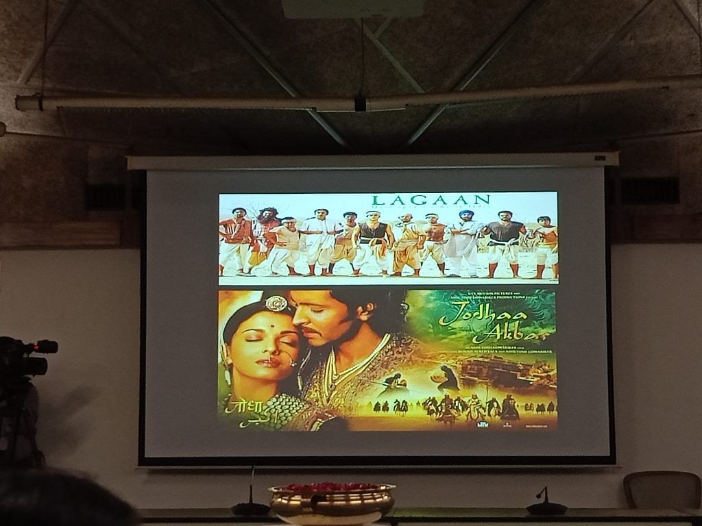 A slide show with Jodhaa Akbar, Lagaan posters at Ira Bhaskar's lecture | Photo: Tina Das, ThePrint