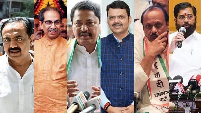 MVA leaders Jayant Patil, Uddhav Thackeray and Nana Patole, and Mahayuti leaders Devendra Fadnavis, Ajit Pawar and Eknath Shinde | ANI file photos