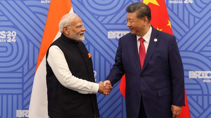 Indian PM Narendra Modi with Chinese President Xi Jinping on sidelines of BRICS Summit in Kazan, Russia, Wednesday | X @narendramodi