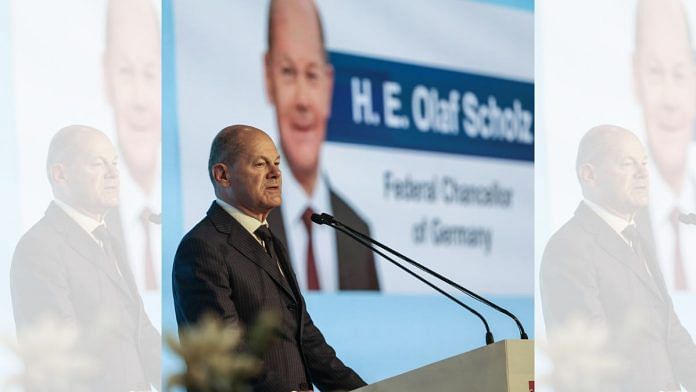 German Chancellor Olaf Scholz addressing 18th Asia-Pacific Conference of German Business 2024, in New Delhi, Friday | ANI