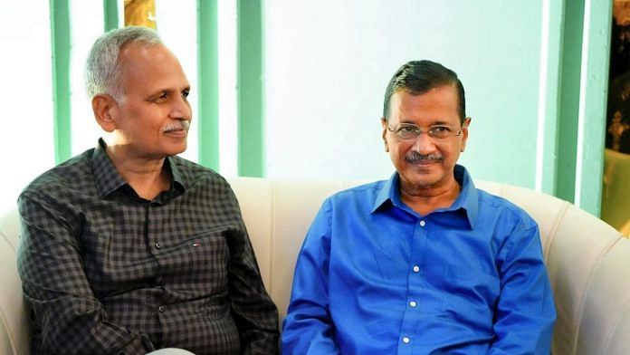 AAP national convenor Arvind Kejriwal meets former Delhi Minister Satyendar Jain after the latter was released on bail, in New Delhi, Saturday/PTI Photo