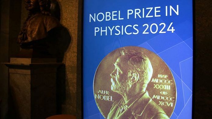 A view of the sign for the Nobel Prize in Physics in the Royal Swedish Academy of Sciences in Stockholm, Sweden, October 8, 2024. REUTERS/ Tom Little