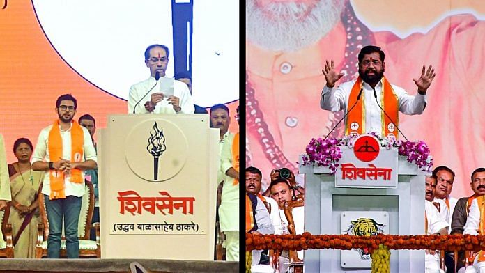 Uddhav Thackeray (L) and Eknath Shinde (R) addressing Dussehra rallies, Saturday | ANI